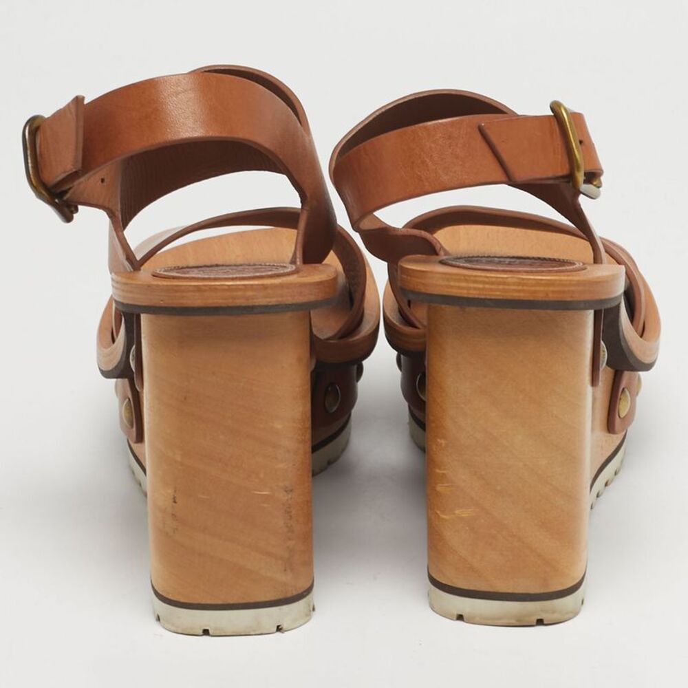 Chloe Size 37 Brown Leather Ankle Strap Wedge Sandals - Picture 5 of 7